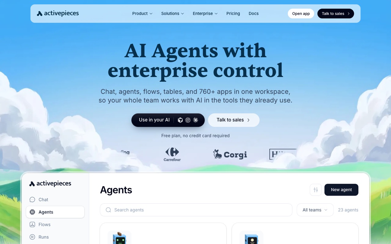 Screenshot of the Activepieces homepage
