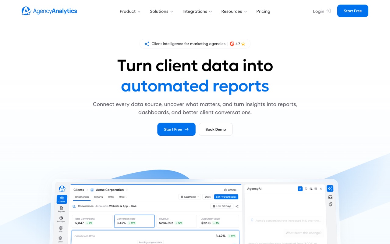 Screenshot of the AgencyAnalytics homepage