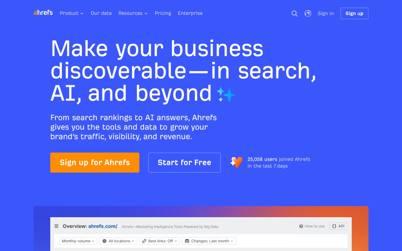 Screenshot of the Ahrefs homepage
