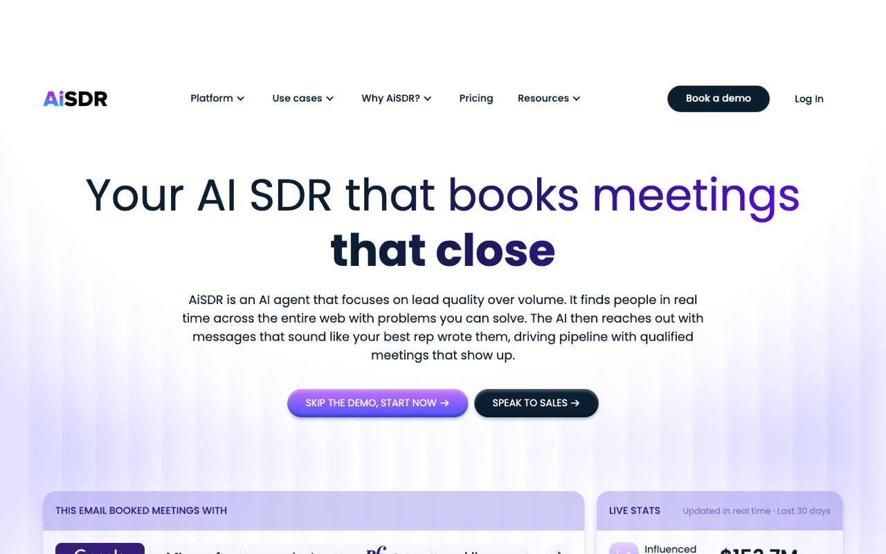 Screenshot of the AiSDR homepage