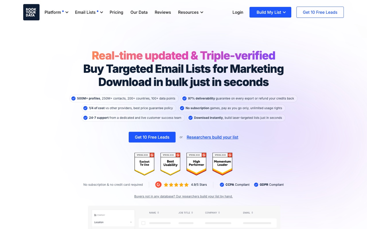Screenshot of the BookYourData homepage
