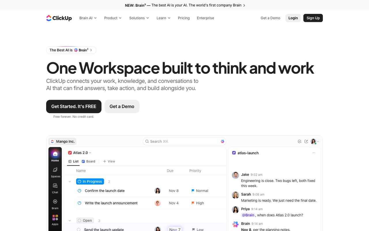 Screenshot of the ClickUp homepage