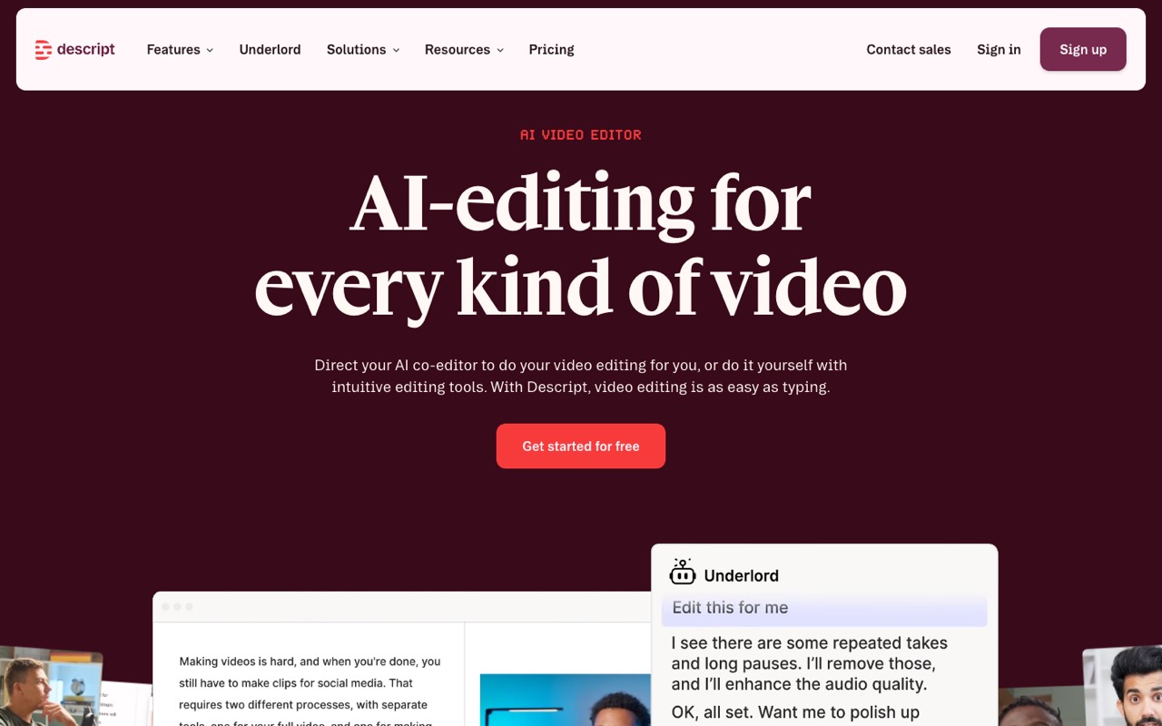Screenshot of the Descript homepage
