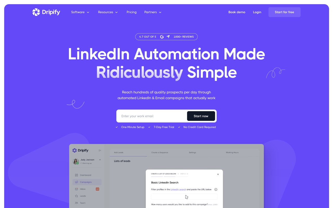 Screenshot of the Dripify homepage