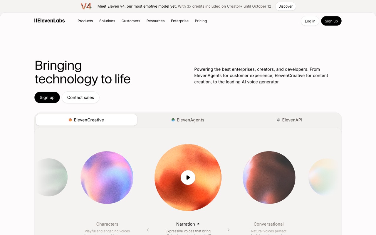 Screenshot of the ElevenLabs homepage