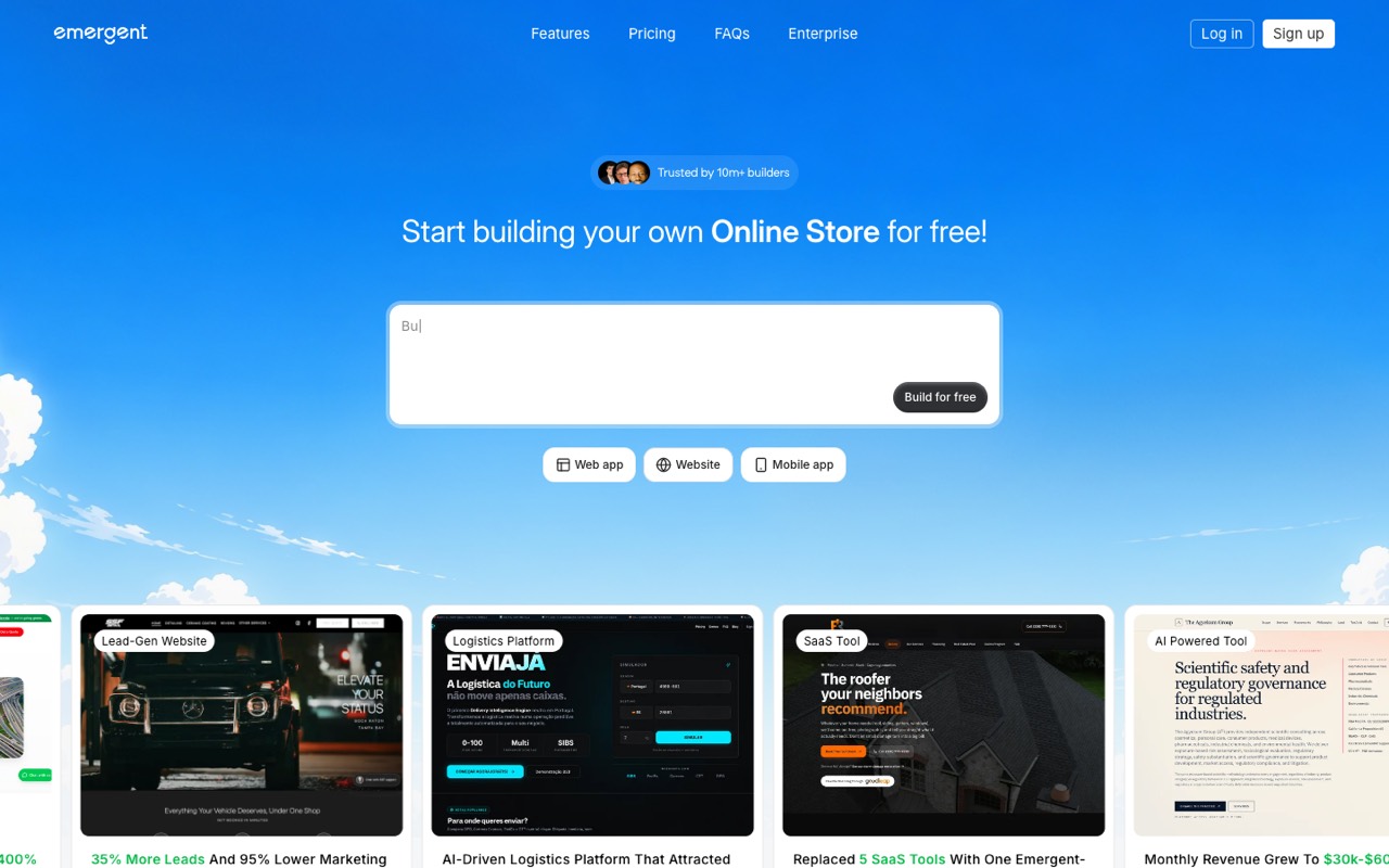 Screenshot of the Emergent homepage