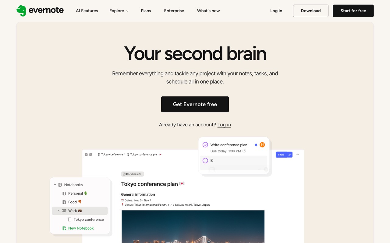 Screenshot of the Evernote homepage