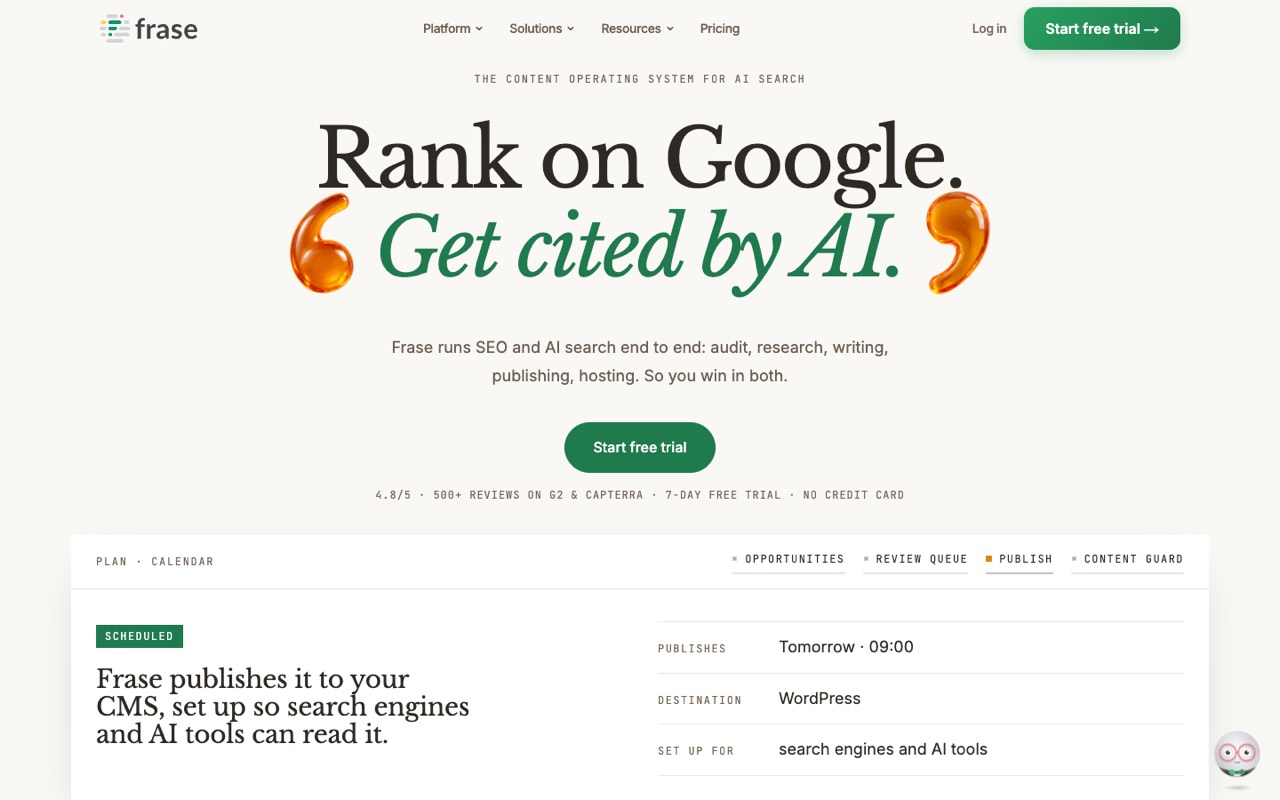 Screenshot of the Frase homepage