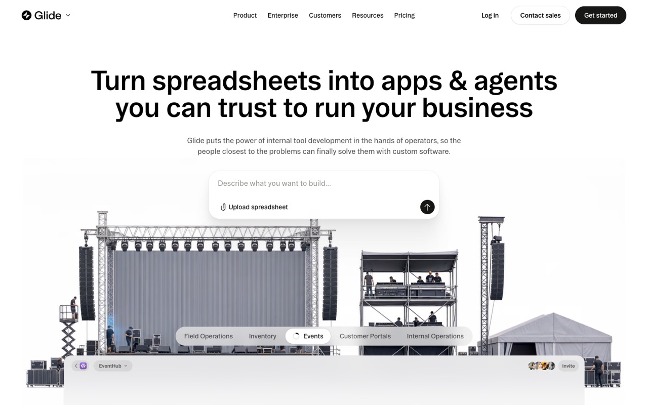 Screenshot of the Glide homepage
