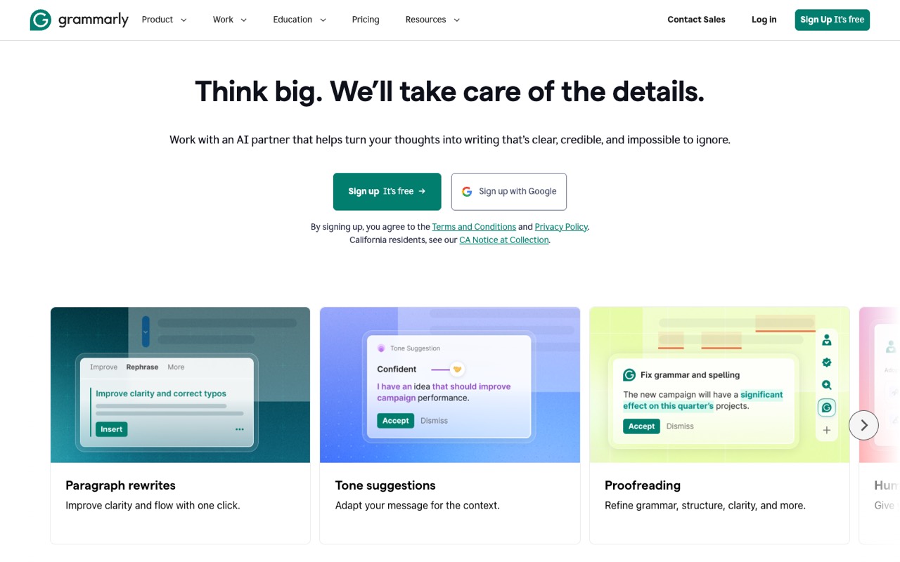 Screenshot of the Grammarly homepage