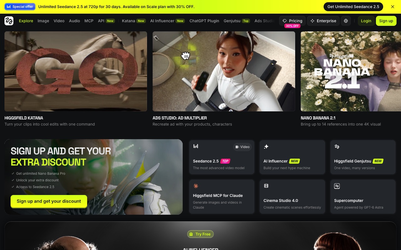 Screenshot of the Higgsfield homepage