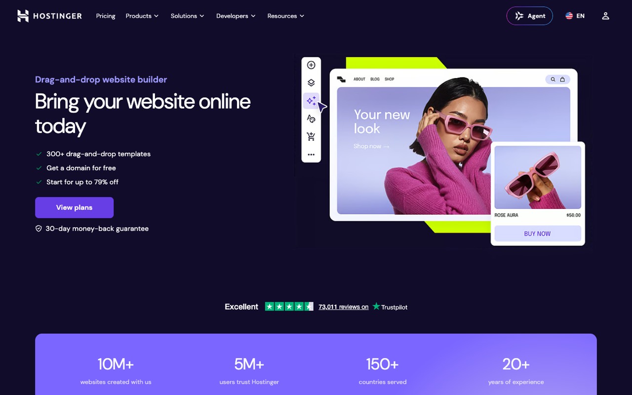 Screenshot of the Hostinger Website Builder homepage