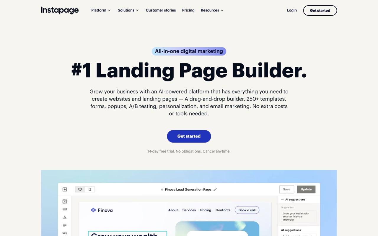 Screenshot of the Instapage homepage