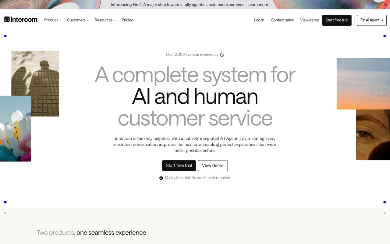 Screenshot of the Intercom homepage
