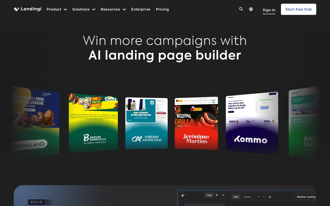 Screenshot of the Landingi homepage