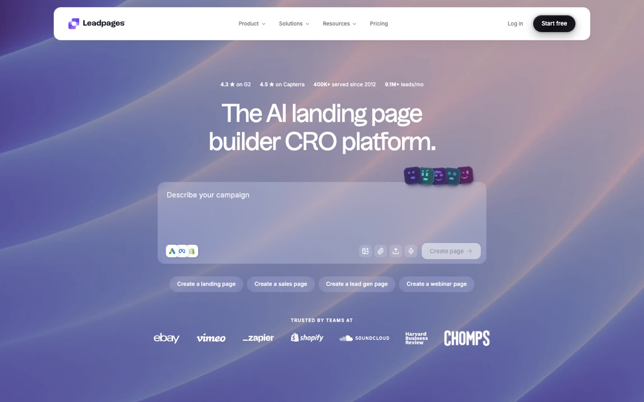 Screenshot of the Leadpages homepage