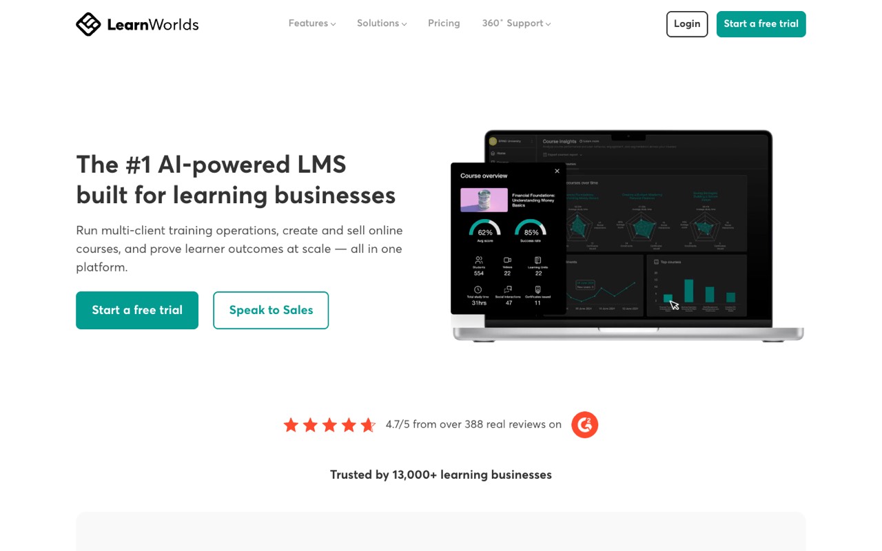 Screenshot of the LearnWorlds homepage