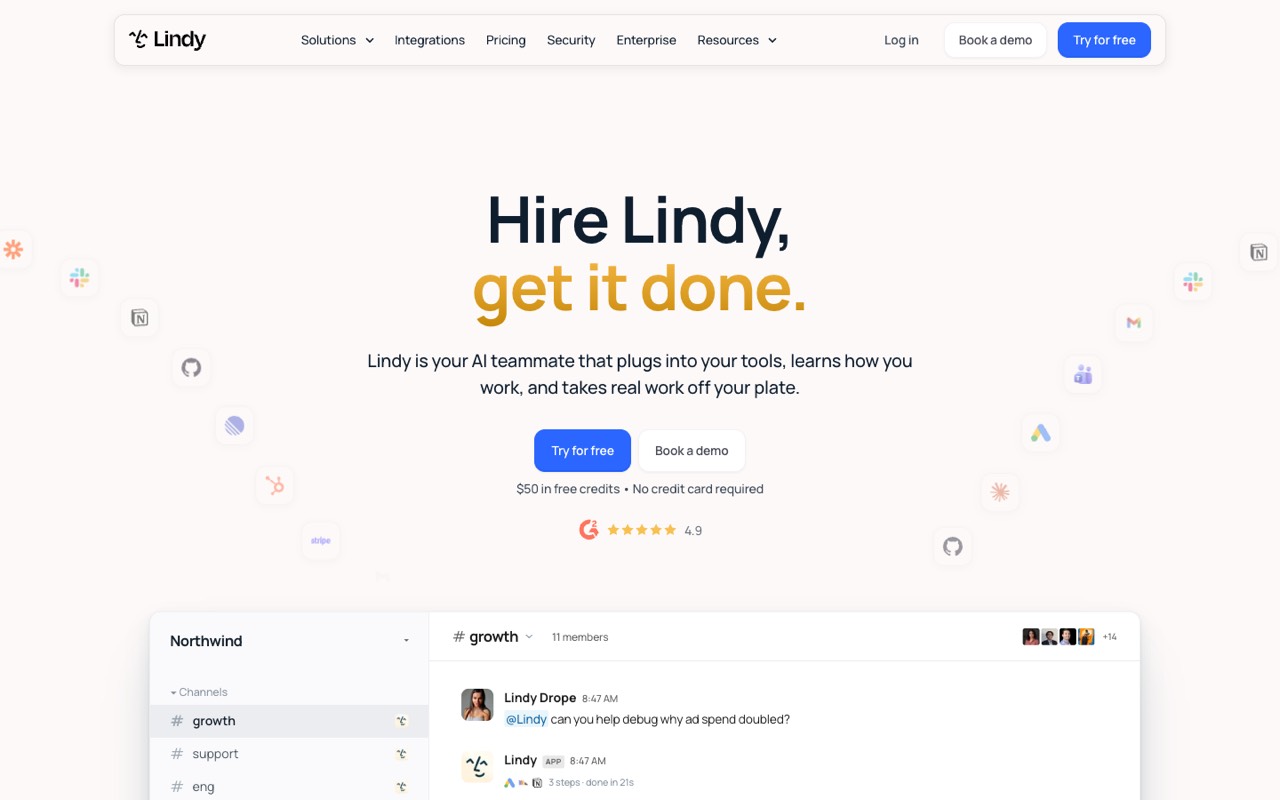 Screenshot of the Lindy homepage