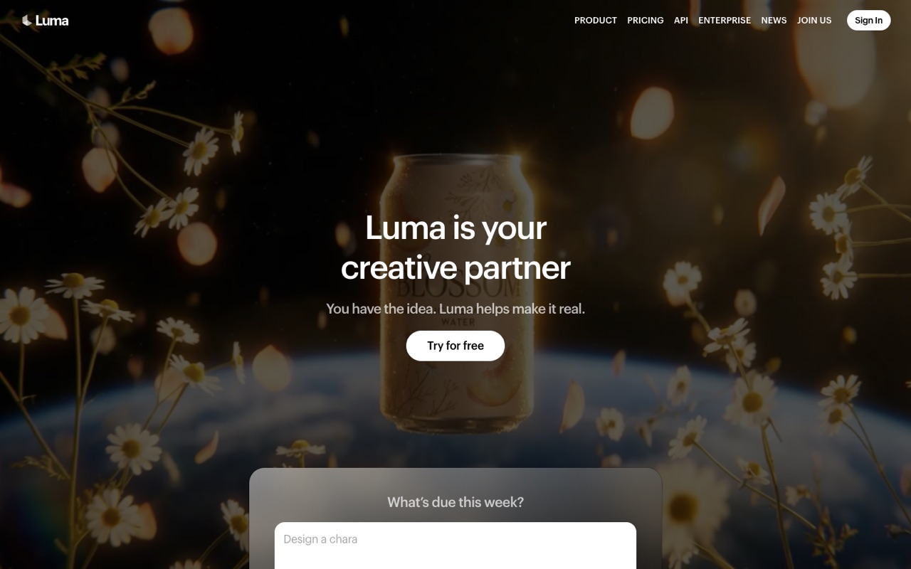 Screenshot of the Luma AI homepage