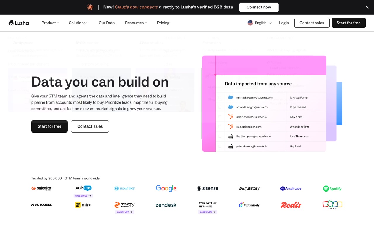 Screenshot of the Lusha homepage