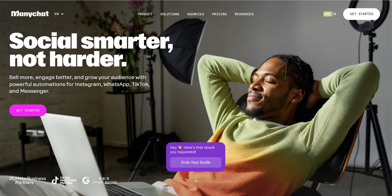 Screenshot of the ManyChat homepage