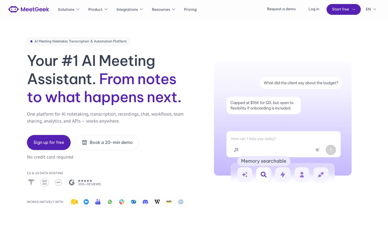 Screenshot of the MeetGeek homepage