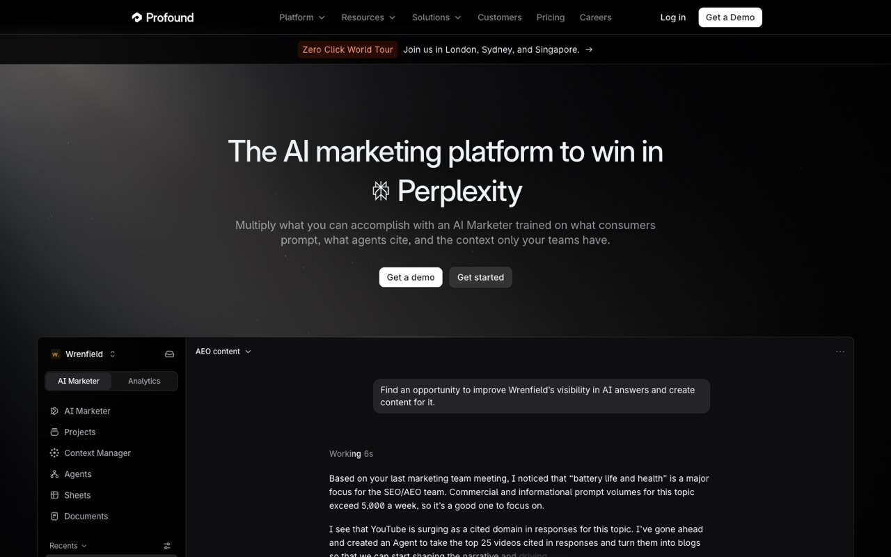 Screenshot of the Profound homepage