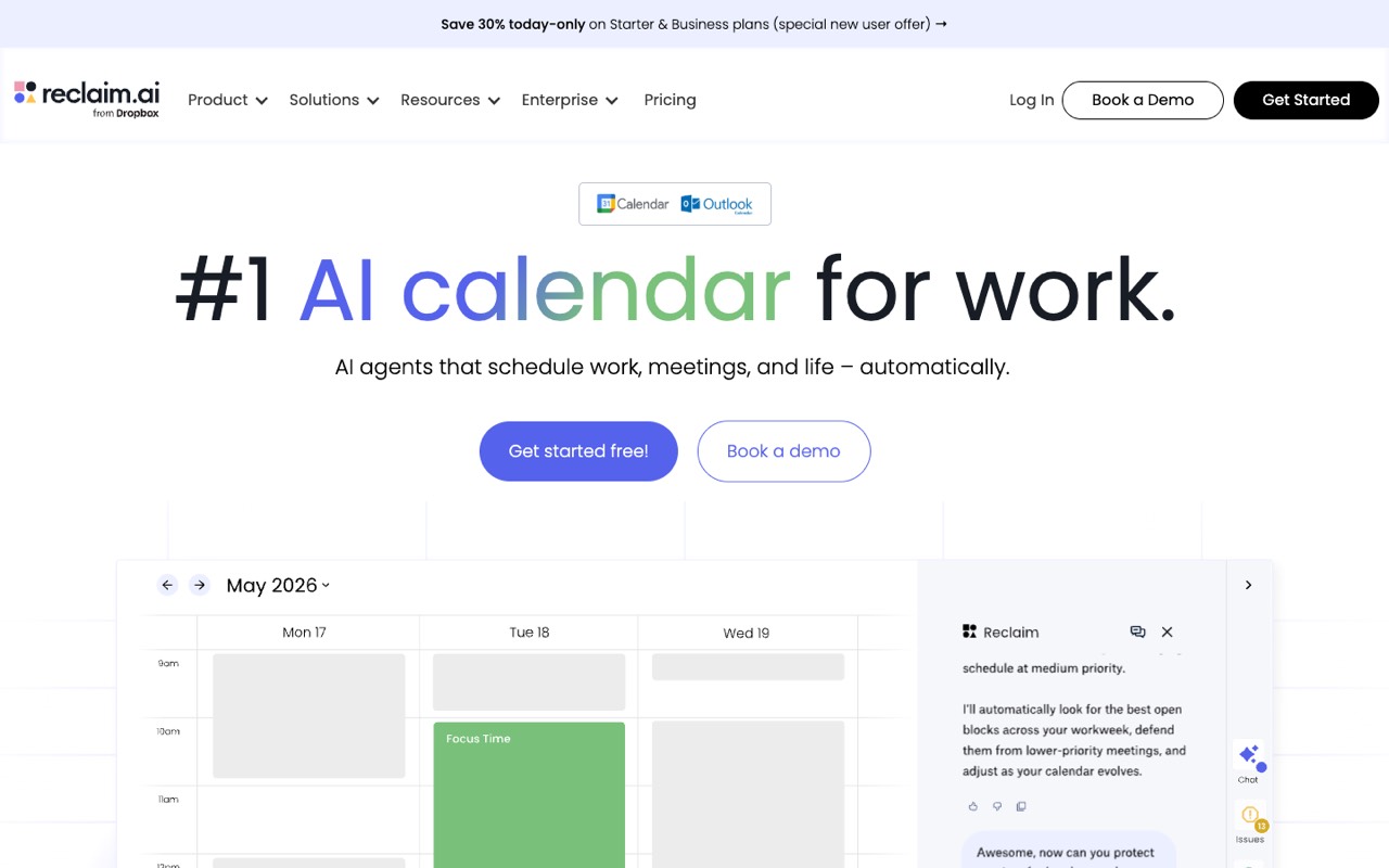 Screenshot of the Reclaim.ai homepage