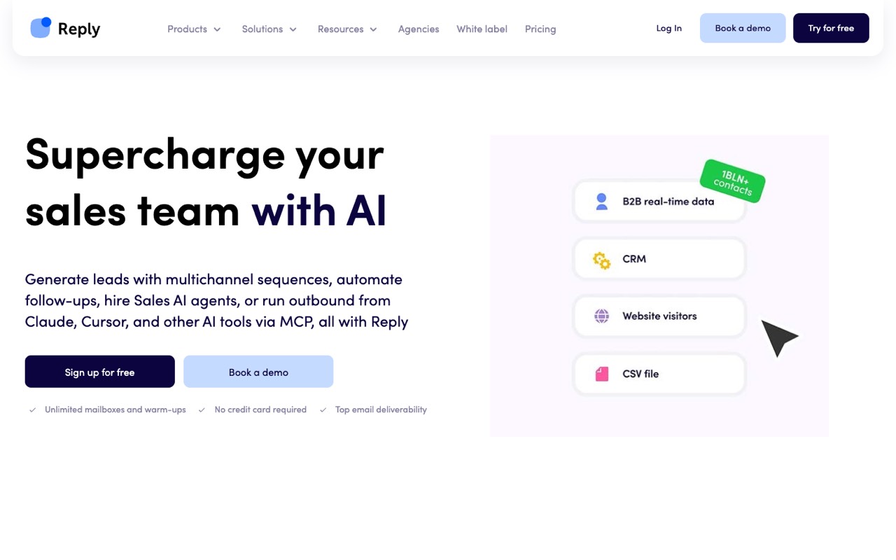 Screenshot of the Reply.io homepage