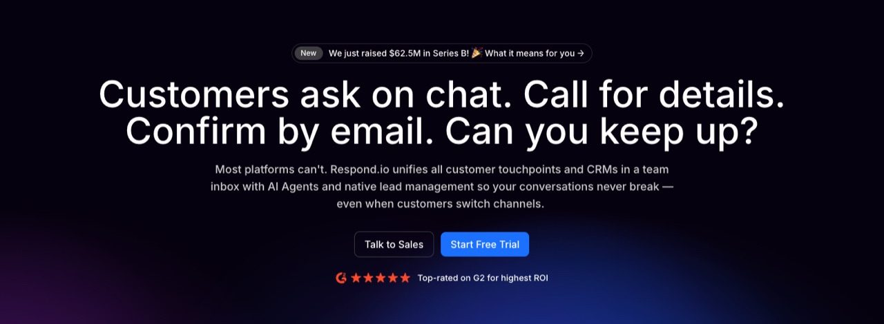 Screenshot of the respond.io homepage