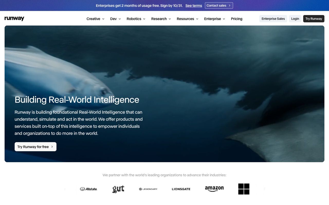 Screenshot of the Runway homepage