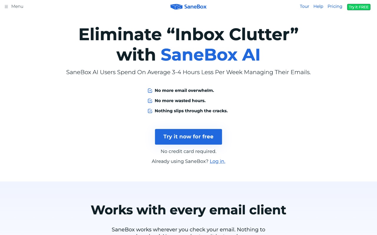 Screenshot of the SaneBox homepage