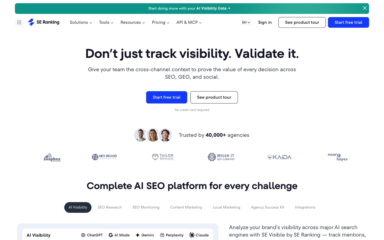 Screenshot of the SE Ranking homepage