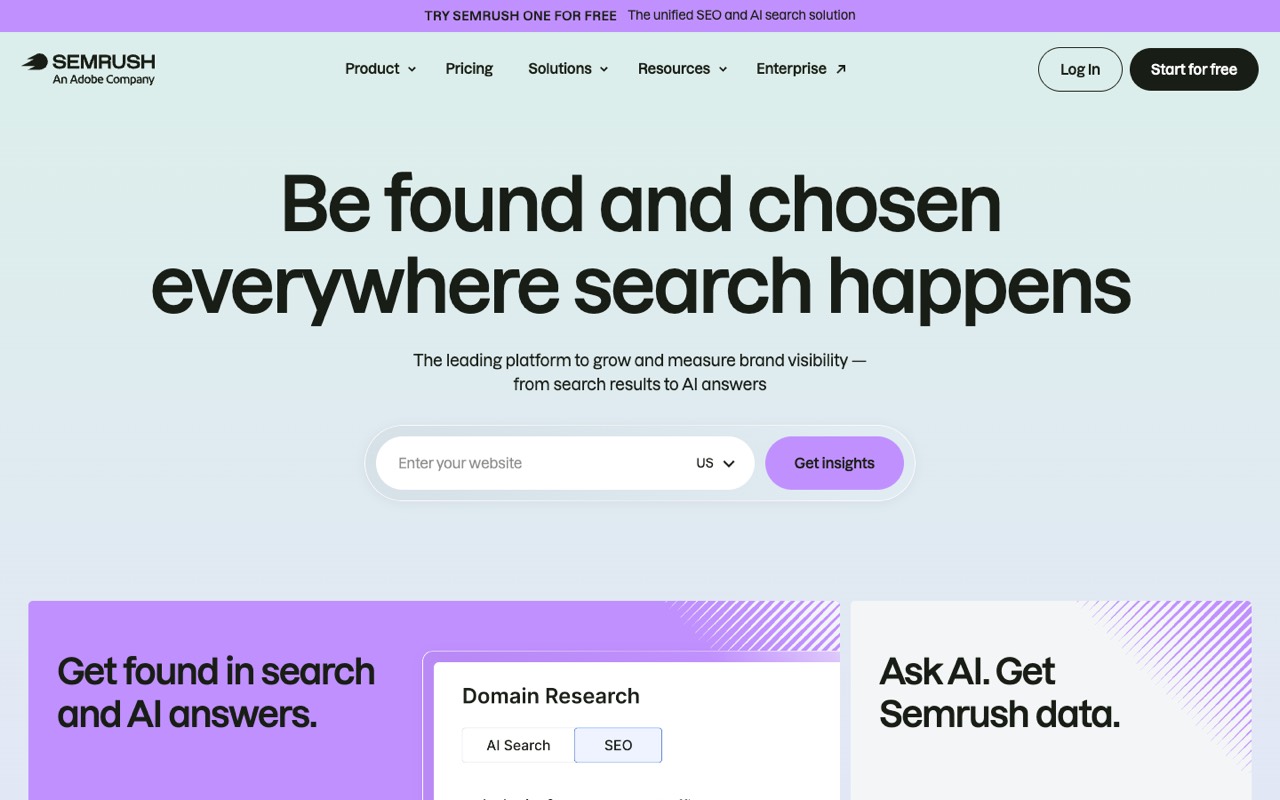 Screenshot of the Semrush homepage