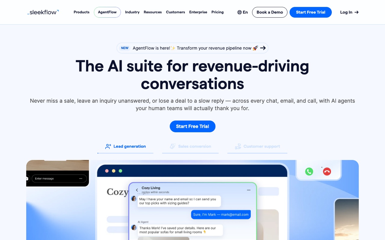 Screenshot of the SleekFlow homepage