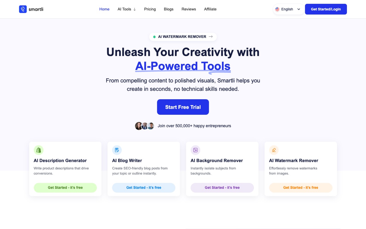Screenshot of the Smartli homepage