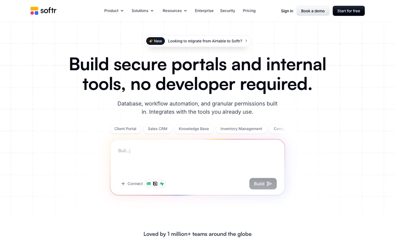 Screenshot of the Softr homepage