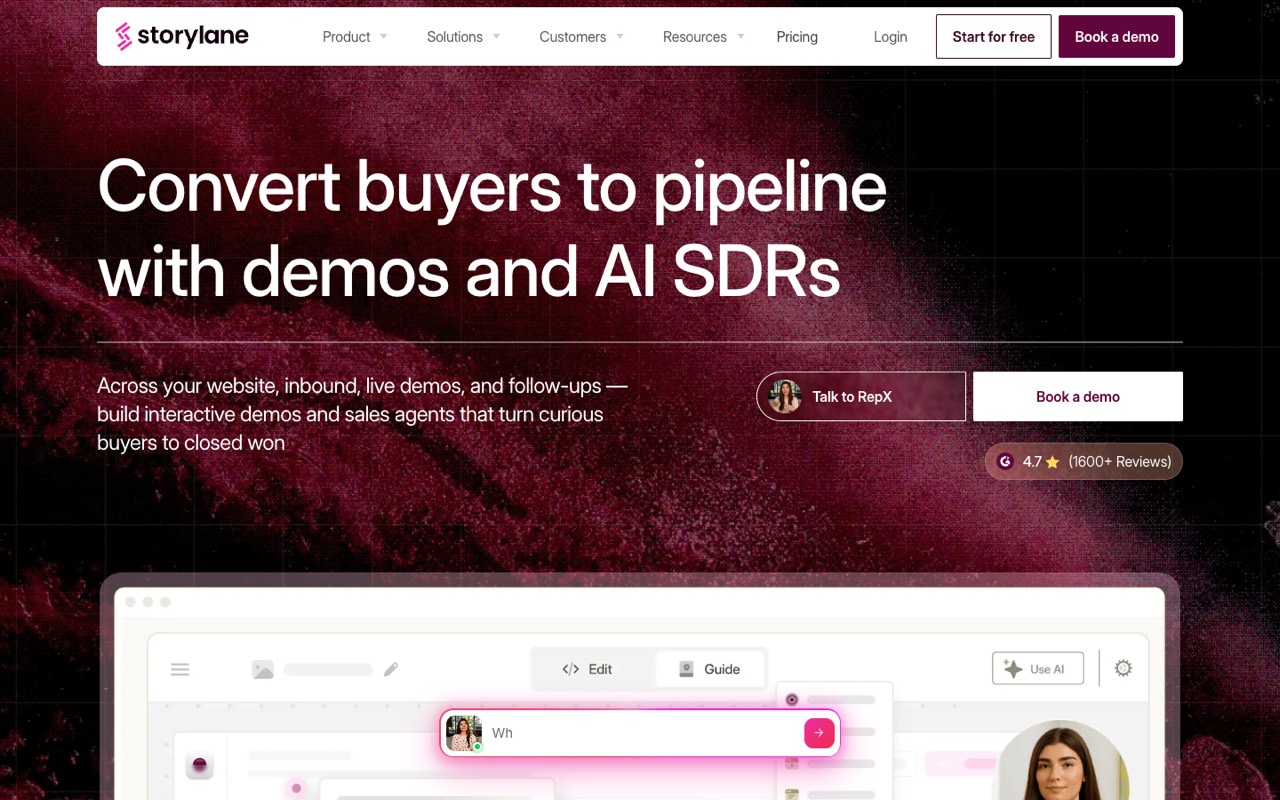 Screenshot of the Storylane homepage