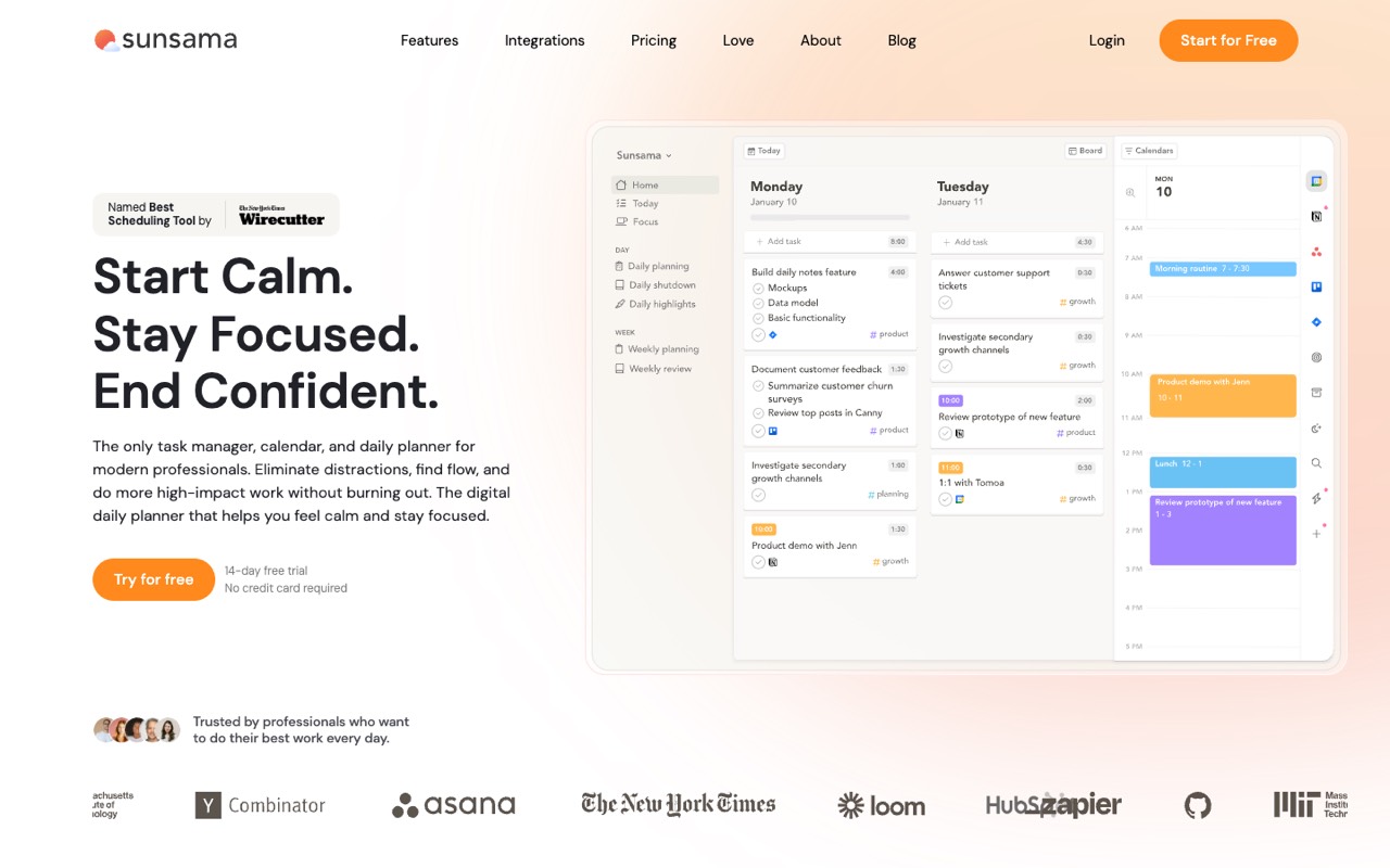 Screenshot of the Sunsama homepage