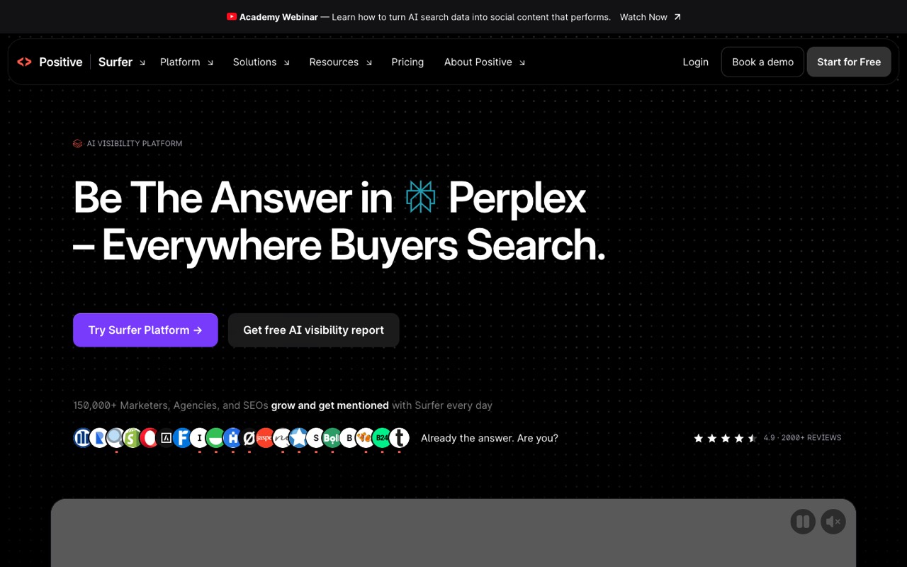 Screenshot of the Surfer SEO homepage