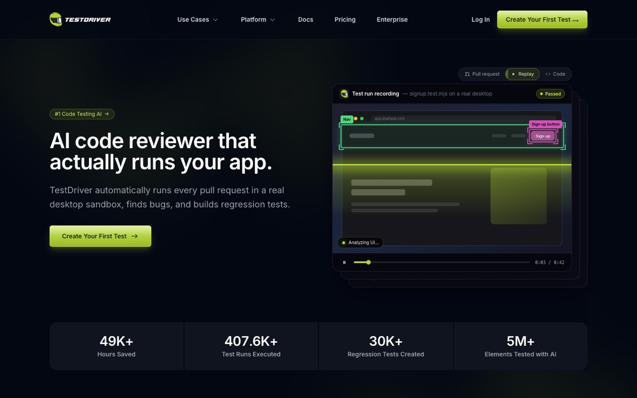 Screenshot of the TestDriver homepage