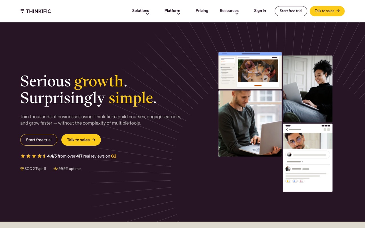 Screenshot of the Thinkific homepage