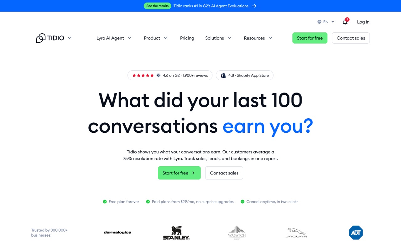 Screenshot of the Tidio homepage