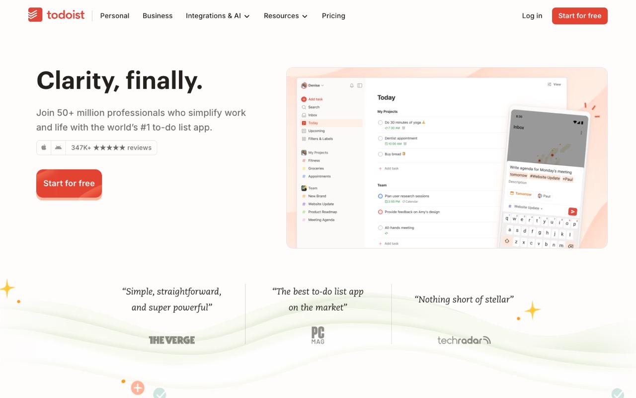 Screenshot of the Todoist homepage