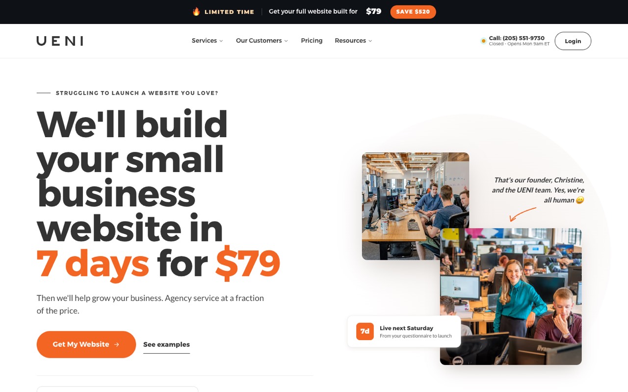 Screenshot of the UENI homepage