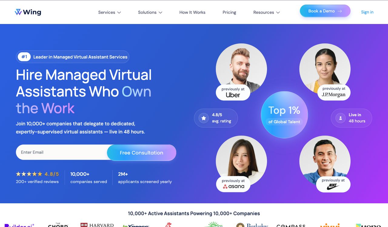 Screenshot of the Wing Assistant homepage
