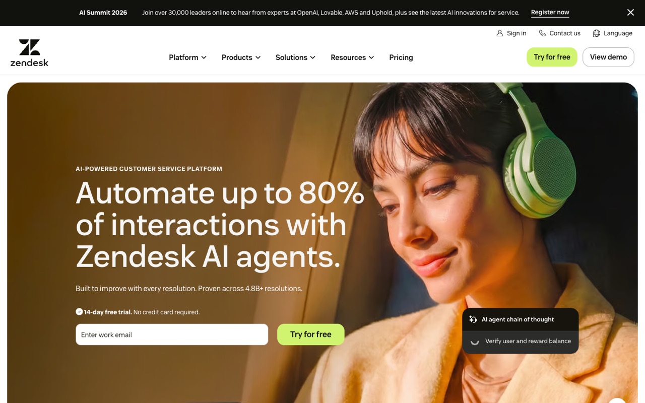 Screenshot of the Zendesk homepage
